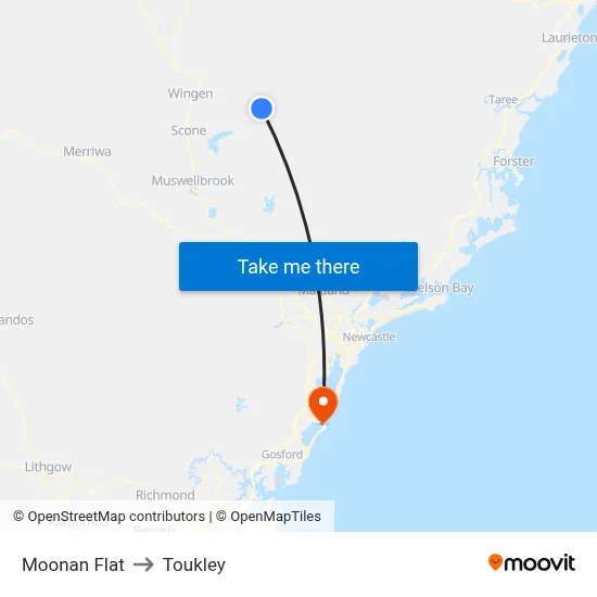 Moonan Flat to Toukley map