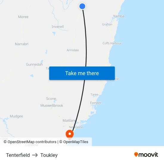 Tenterfield to Toukley map