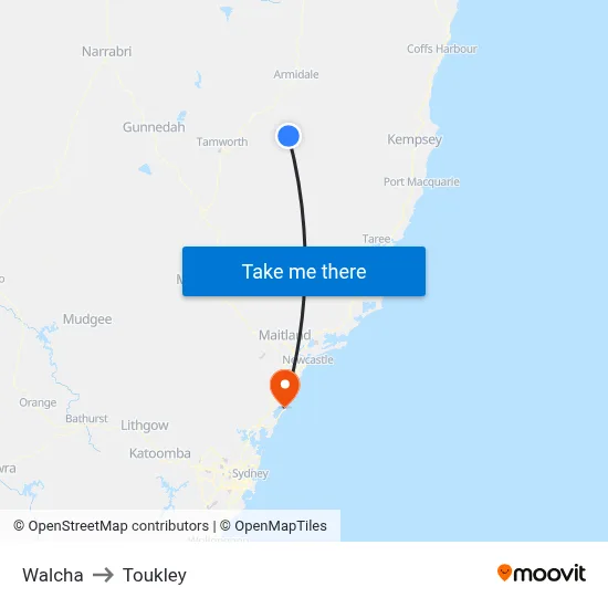 Walcha to Toukley map