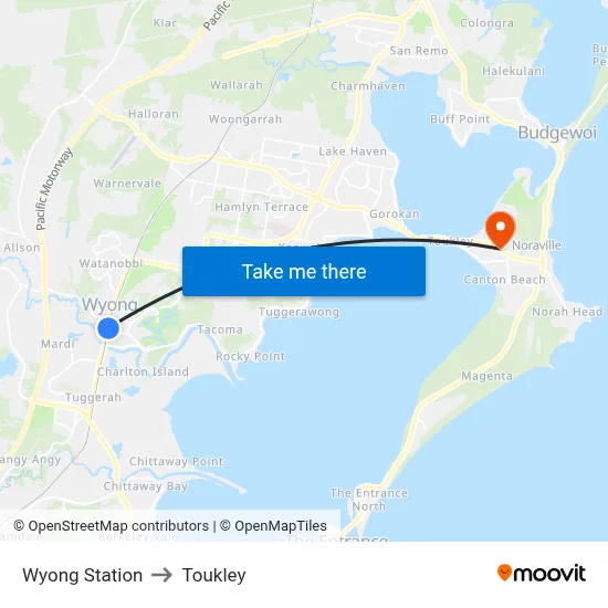 Wyong Station to Toukley map