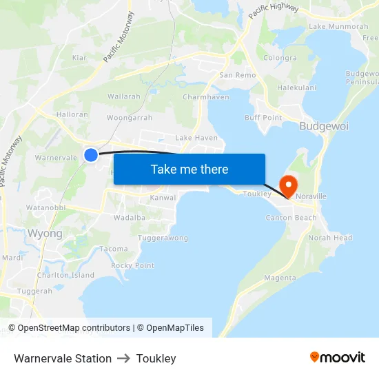 Warnervale Station to Toukley map