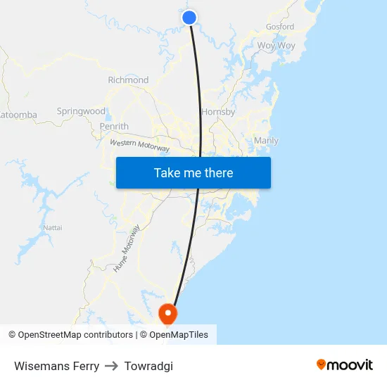 Wisemans Ferry to Towradgi map