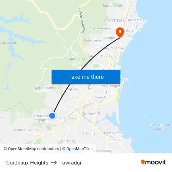 Cordeaux Heights to Towradgi map