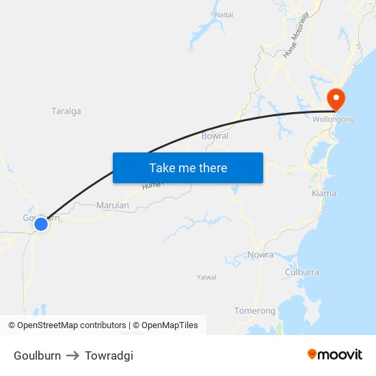 Goulburn to Towradgi map