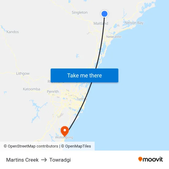 Martins Creek to Towradgi map
