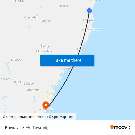 Bowraville to Towradgi map