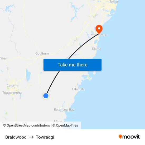 Braidwood to Towradgi map