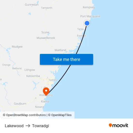 Lakewood to Towradgi map