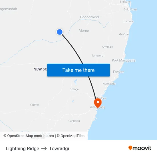 Lightning Ridge to Towradgi map