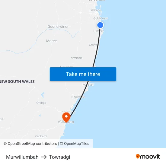 Murwillumbah to Towradgi map
