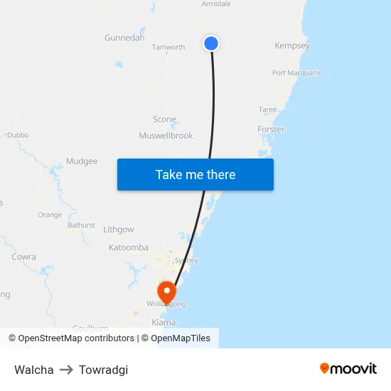 Walcha to Towradgi map