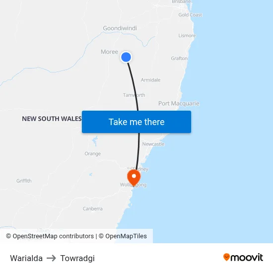 Warialda to Towradgi map