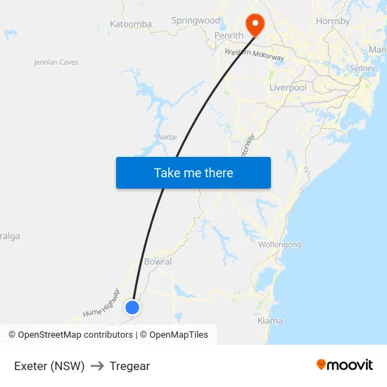 Exeter (NSW) to Tregear map