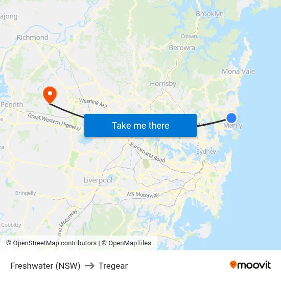 Freshwater (NSW) to Tregear map