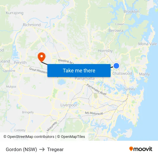 Gordon (NSW) to Tregear map