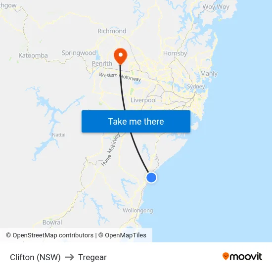 Clifton (NSW) to Tregear map