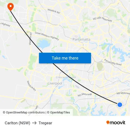 Carlton (NSW) to Tregear map
