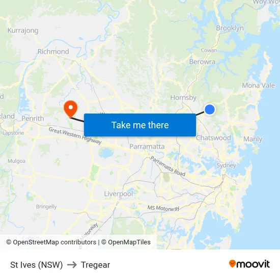 St Ives (NSW) to Tregear map