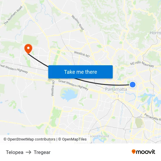 Telopea to Tregear map