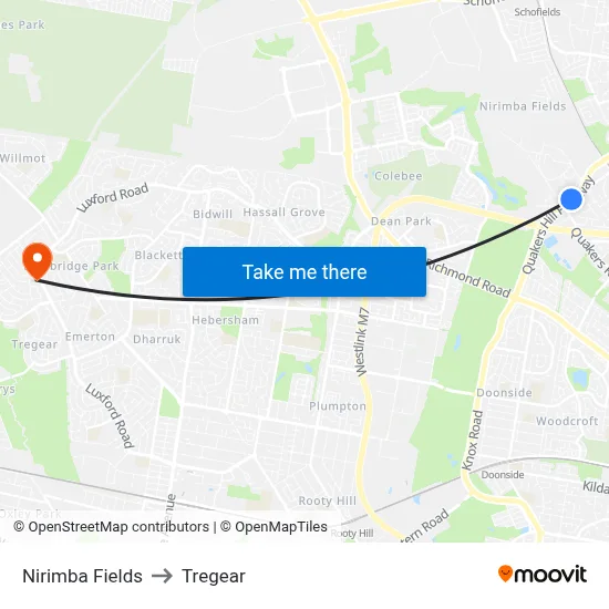 Nirimba Fields to Tregear map