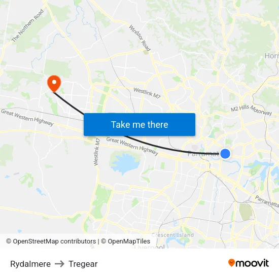 Rydalmere to Tregear map