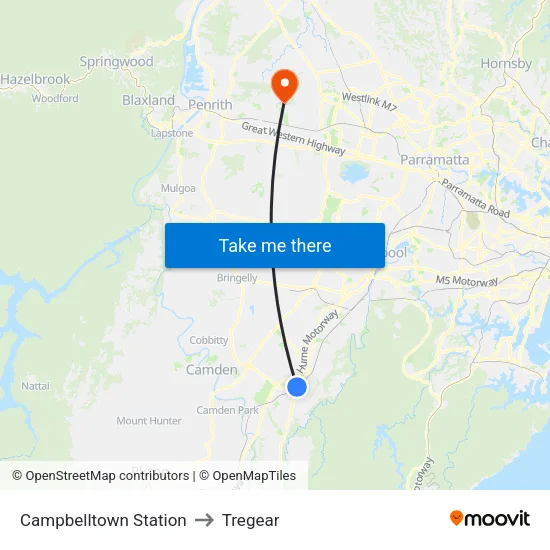 Campbelltown Station to Tregear map