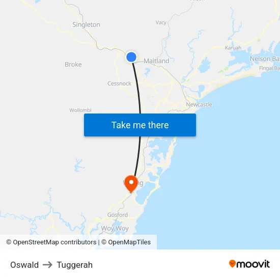 Oswald to Tuggerah map