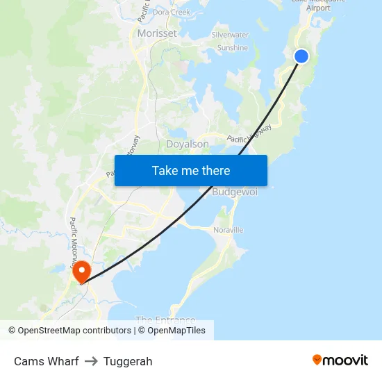 Cams Wharf to Tuggerah map