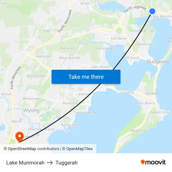 Lake Munmorah to Tuggerah map