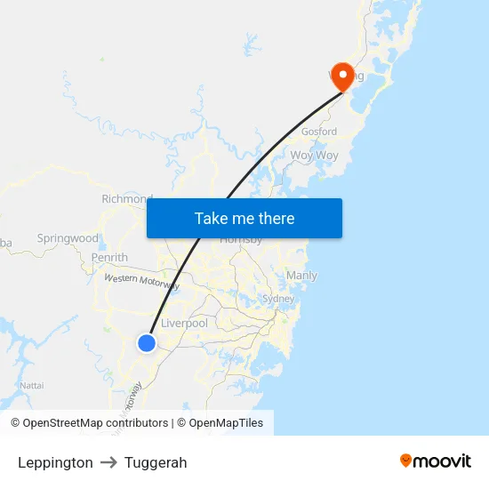 Leppington to Tuggerah map