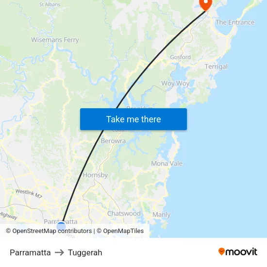 Parramatta to Tuggerah map