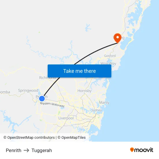 Penrith to Tuggerah map
