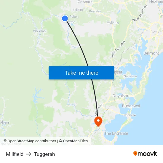 Millfield to Tuggerah map