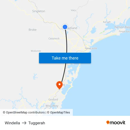Windella to Tuggerah map