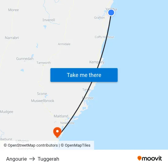 Angourie to Tuggerah map