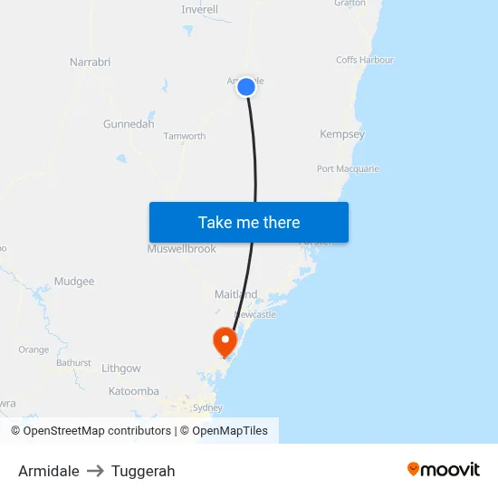 Armidale to Tuggerah map