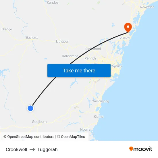 Crookwell to Tuggerah map