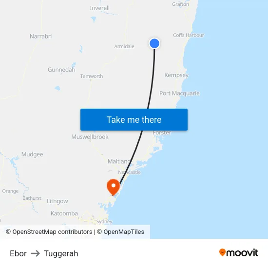 Ebor to Tuggerah map