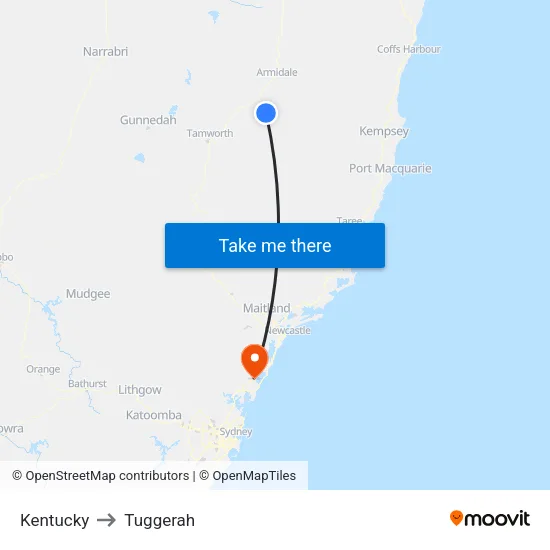 Kentucky to Tuggerah map