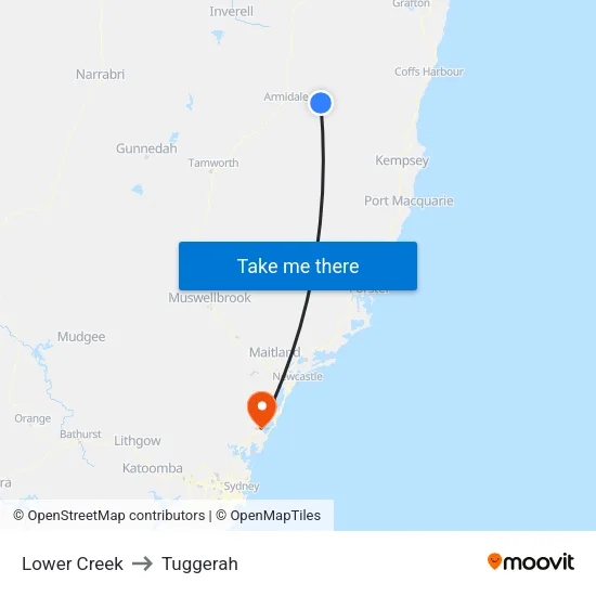Lower Creek to Tuggerah map
