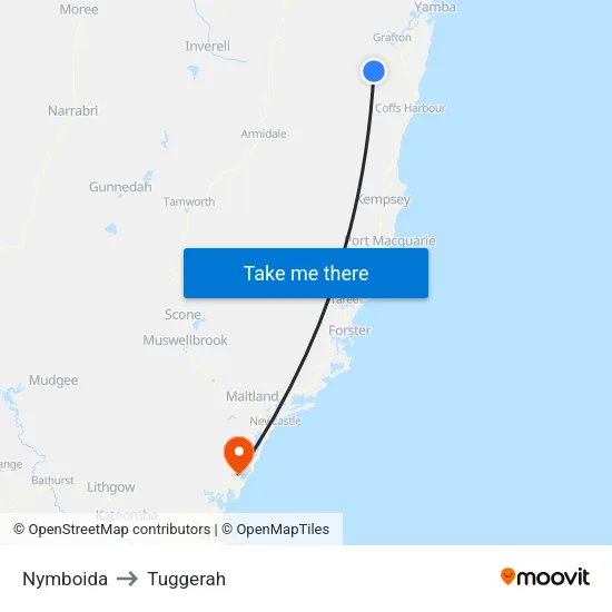 Nymboida to Tuggerah map