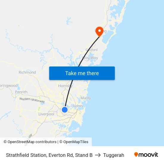 Strathfield Station, Everton Rd, Stand B to Tuggerah map