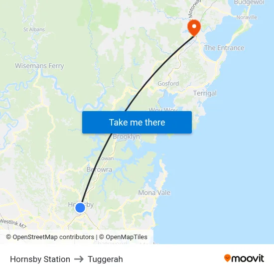 Hornsby Station to Tuggerah map