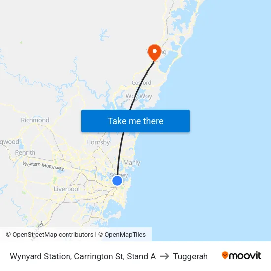 Wynyard Station, Carrington St, Stand A to Tuggerah map
