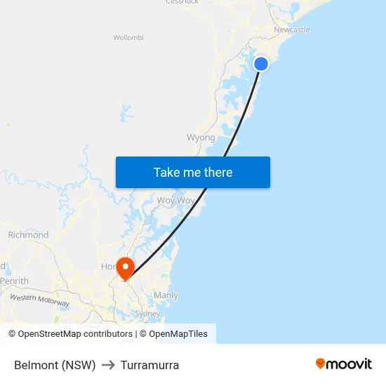 Belmont (NSW) to Turramurra map
