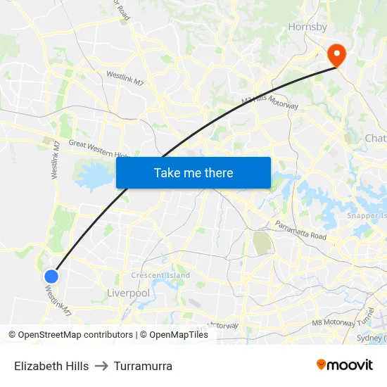 Elizabeth Hills to Turramurra map