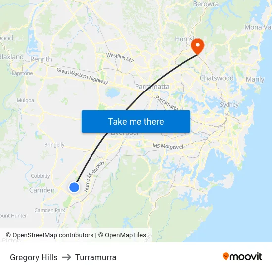 Gregory Hills to Turramurra map