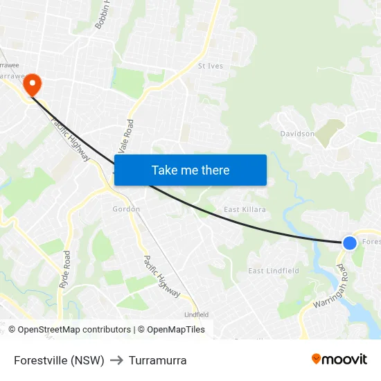Forestville (NSW) to Turramurra map