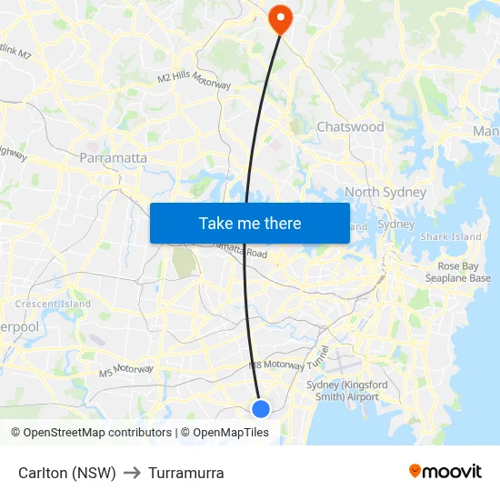 Carlton (NSW) to Turramurra map