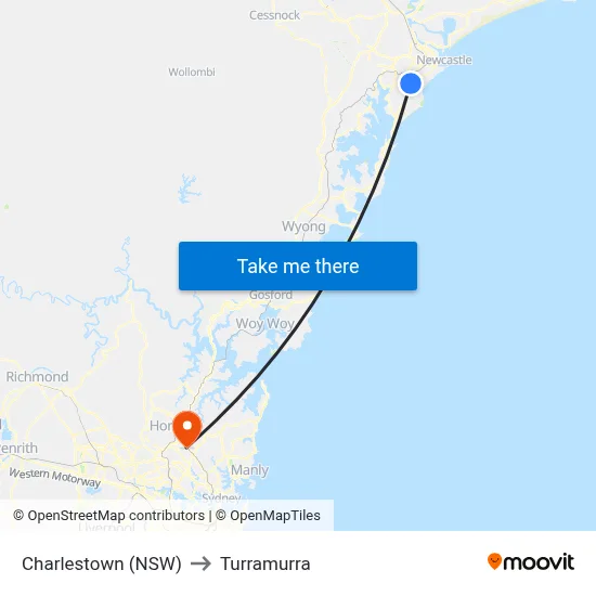 Charlestown (NSW) to Turramurra map